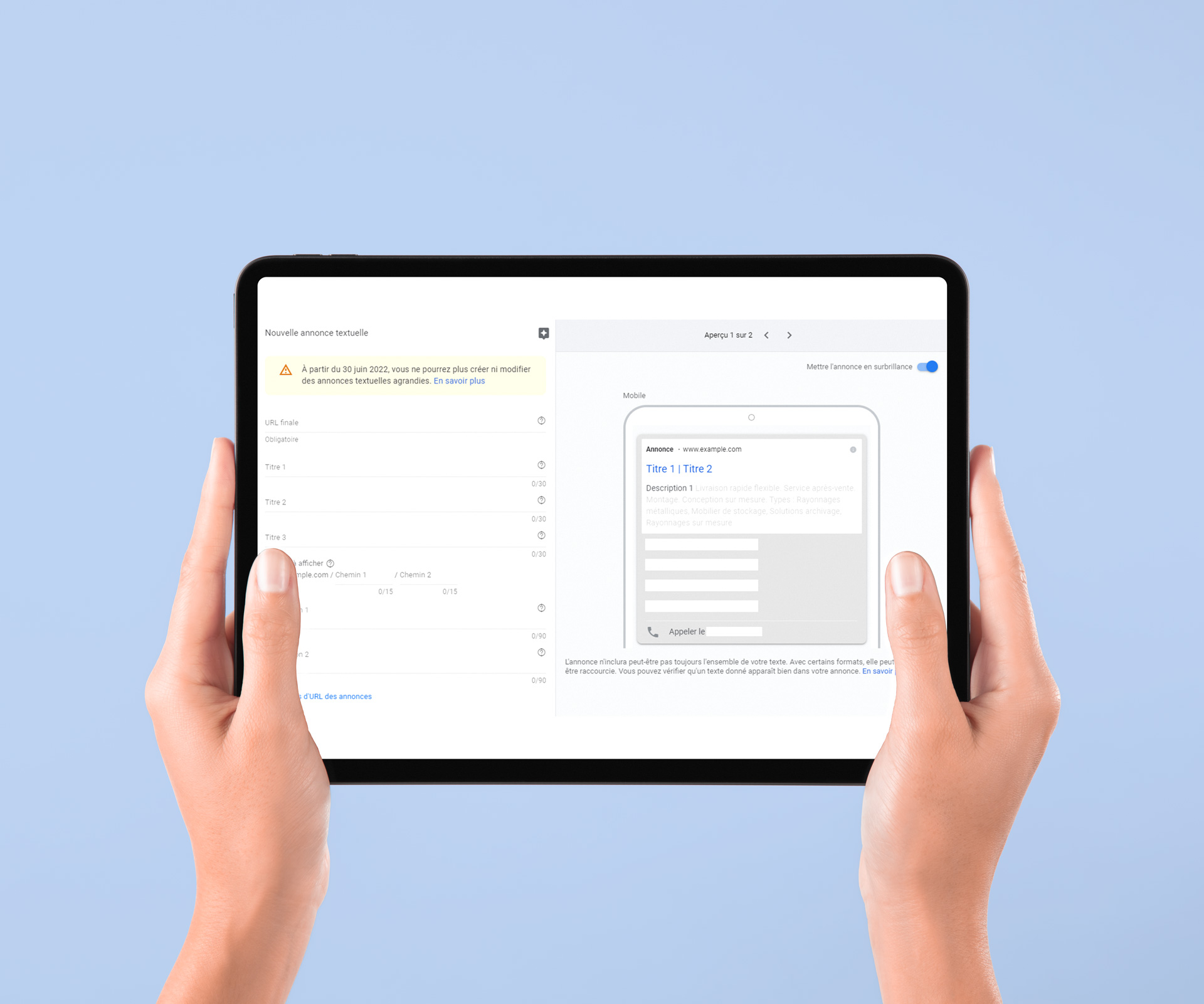 Interface annonce textuelle agrandie